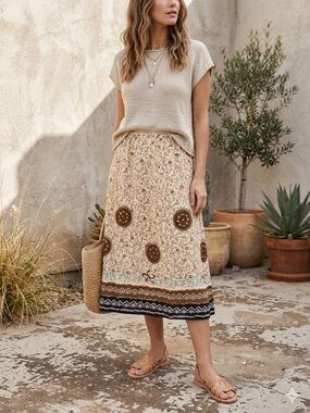 Sag Harbor Boho Midi Skirt Floral Woodblock Print Cotton Sequin Detail